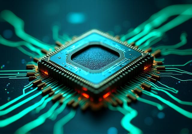 Visuelle Darstellung von Quantencomputing-Prozessoren mit neonfarbenen Datenströmen